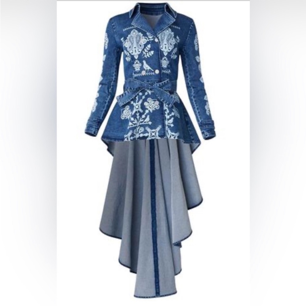 VENUS Denim Duster Trench Coat Hi-Low Printed Boho Western Festival NWOT